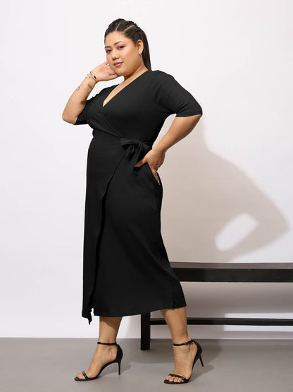 Black Rib Wrap Bodycon Midi Dress