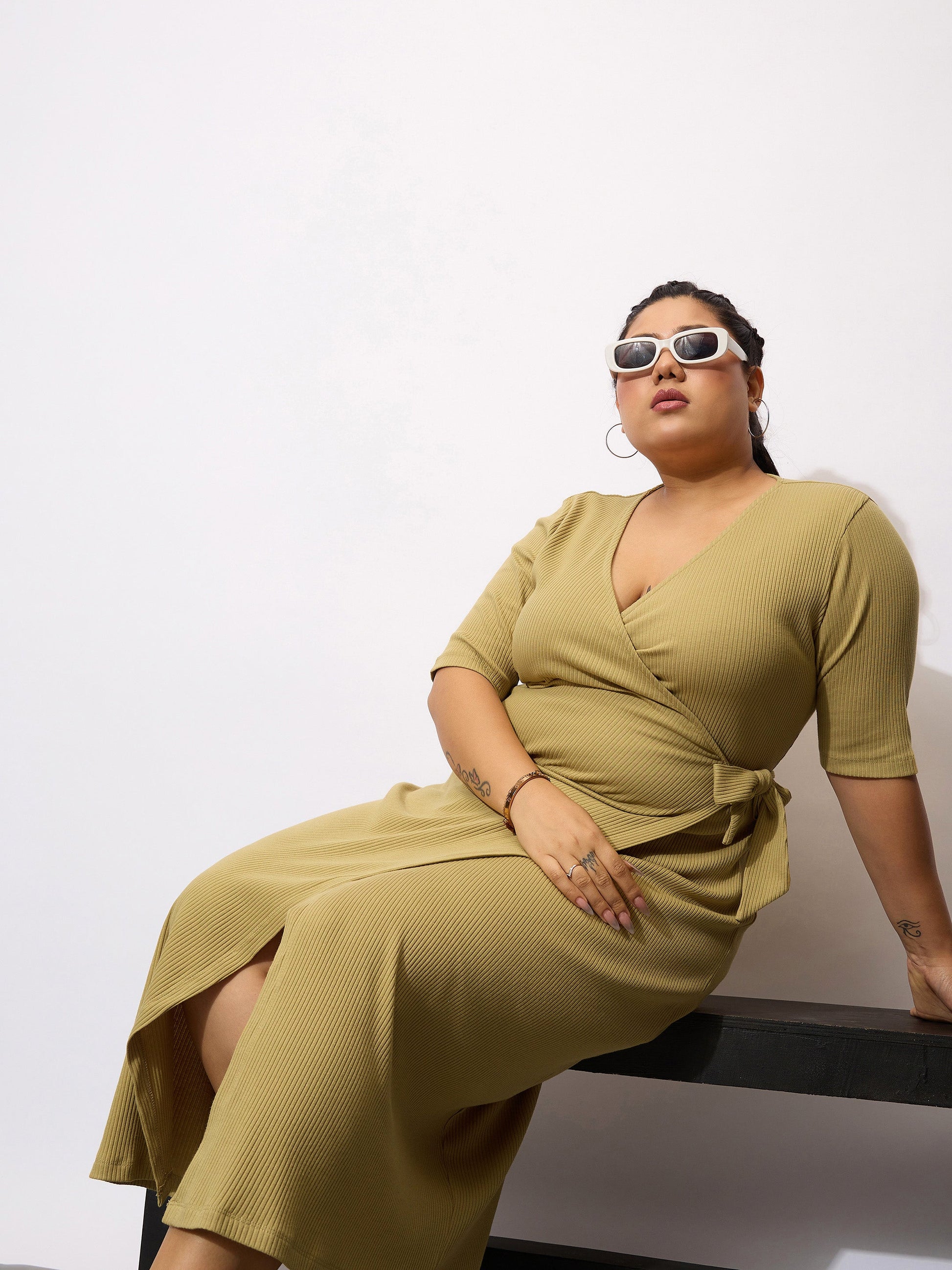 Khaki Rib Wrap Bodycon Midi Dress -SASSAFRAS Curve