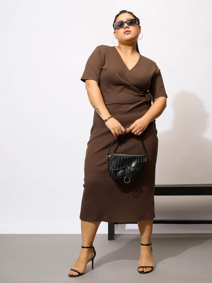 Plus size women's Brown Polycotton Brown Rib Side Knot Bodycon Midi Dress by Sassafras Curve for wholesale buyers, boutiques, resellers and bulk