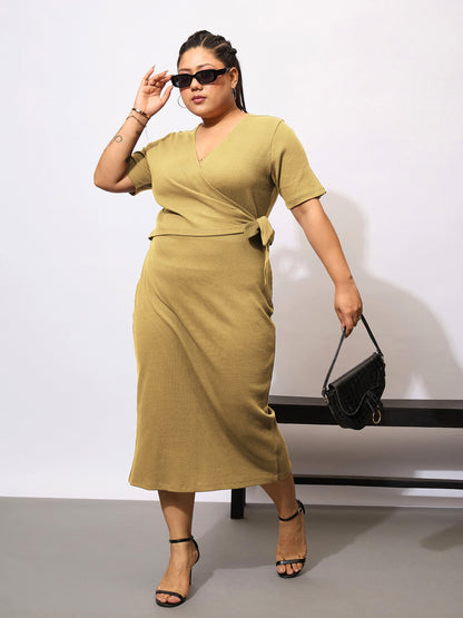 Plus size women's Khaki Polycotton Khaki Rib Side Knot Bodycon Midi Dress by Sassafras Curve for wholesale buyers, boutiques, resellers and bulk