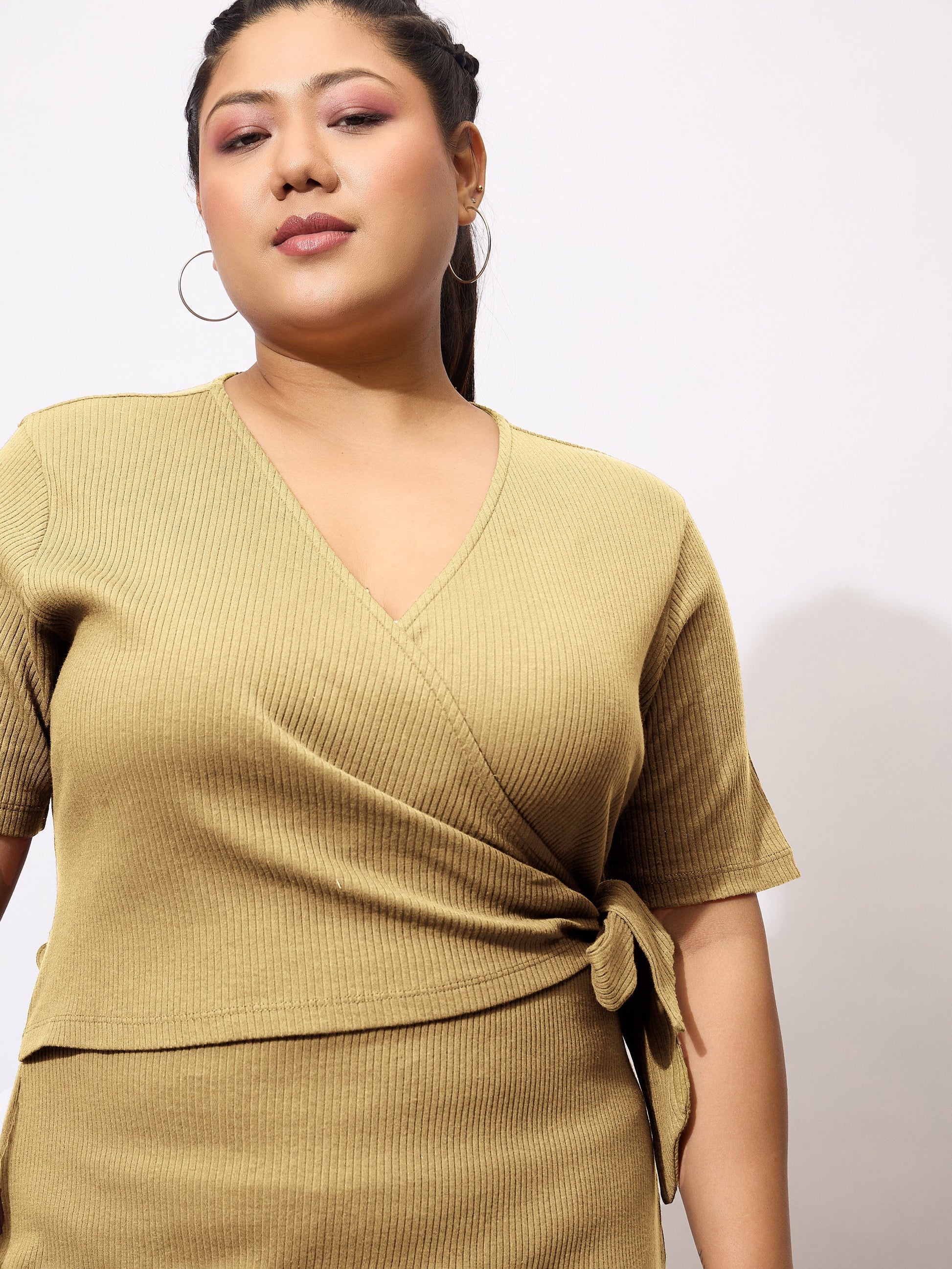 Khaki Rib Side Knot Bodycon Midi Dress-SASSAFRAS Curve