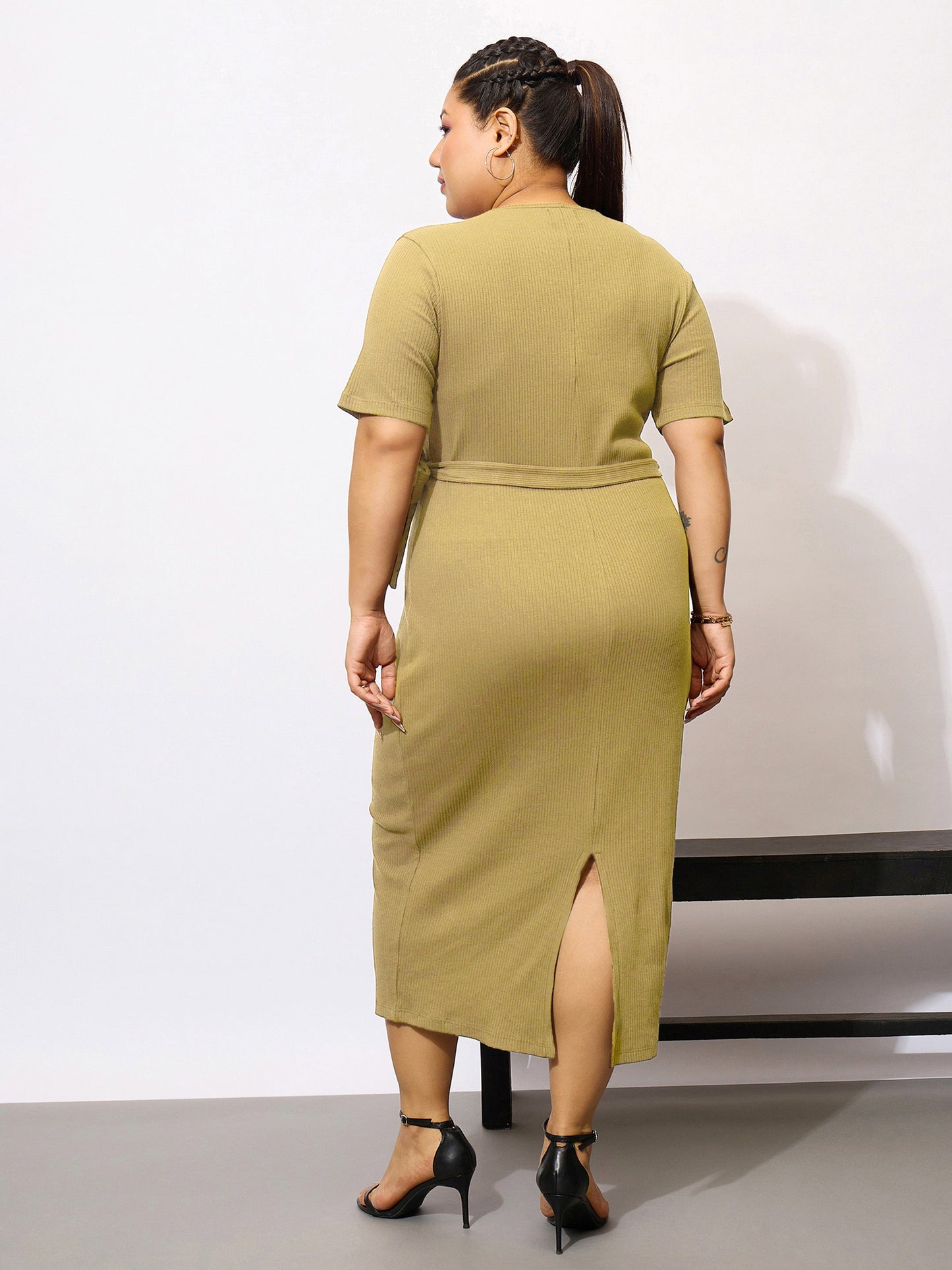 Khaki Rib Side Knot Bodycon Midi Dress-SASSAFRAS Curve