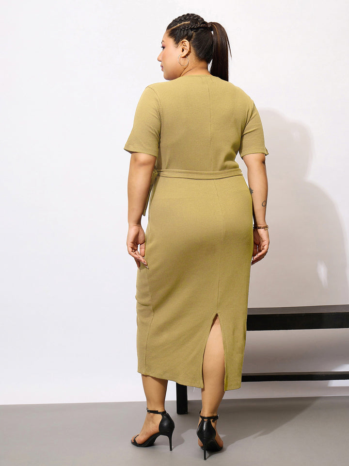 Khaki Rib Side Knot Bodycon Midi Dress-SASSAFRAS Curve