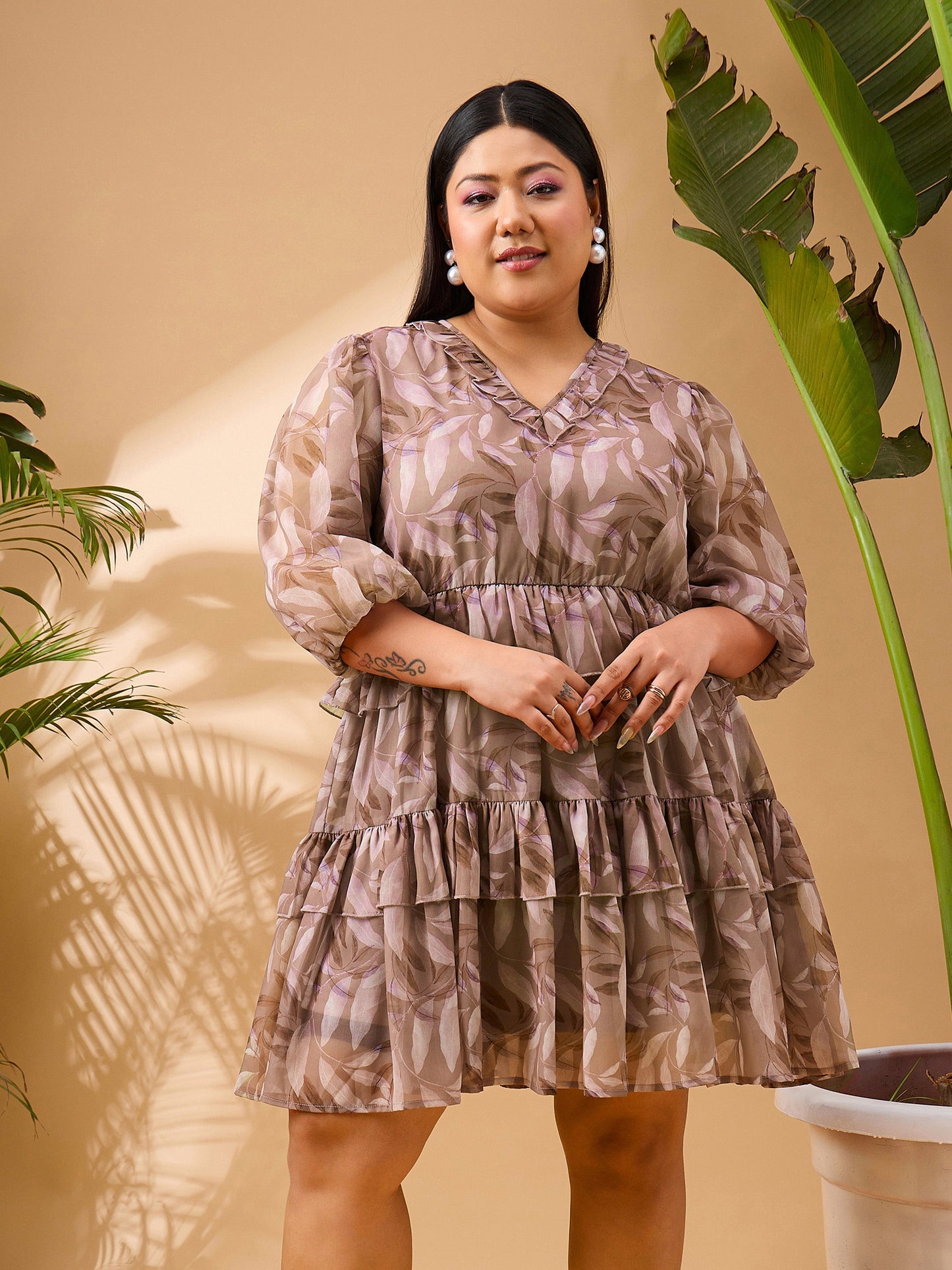 Brown Tropical Printed Frill Short Dress