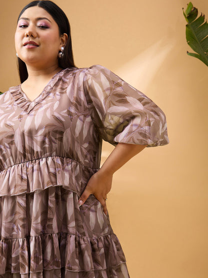 Brown Tropical Printed Frill Short Dress