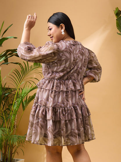 Brown Tropical Printed Frill Short Dress