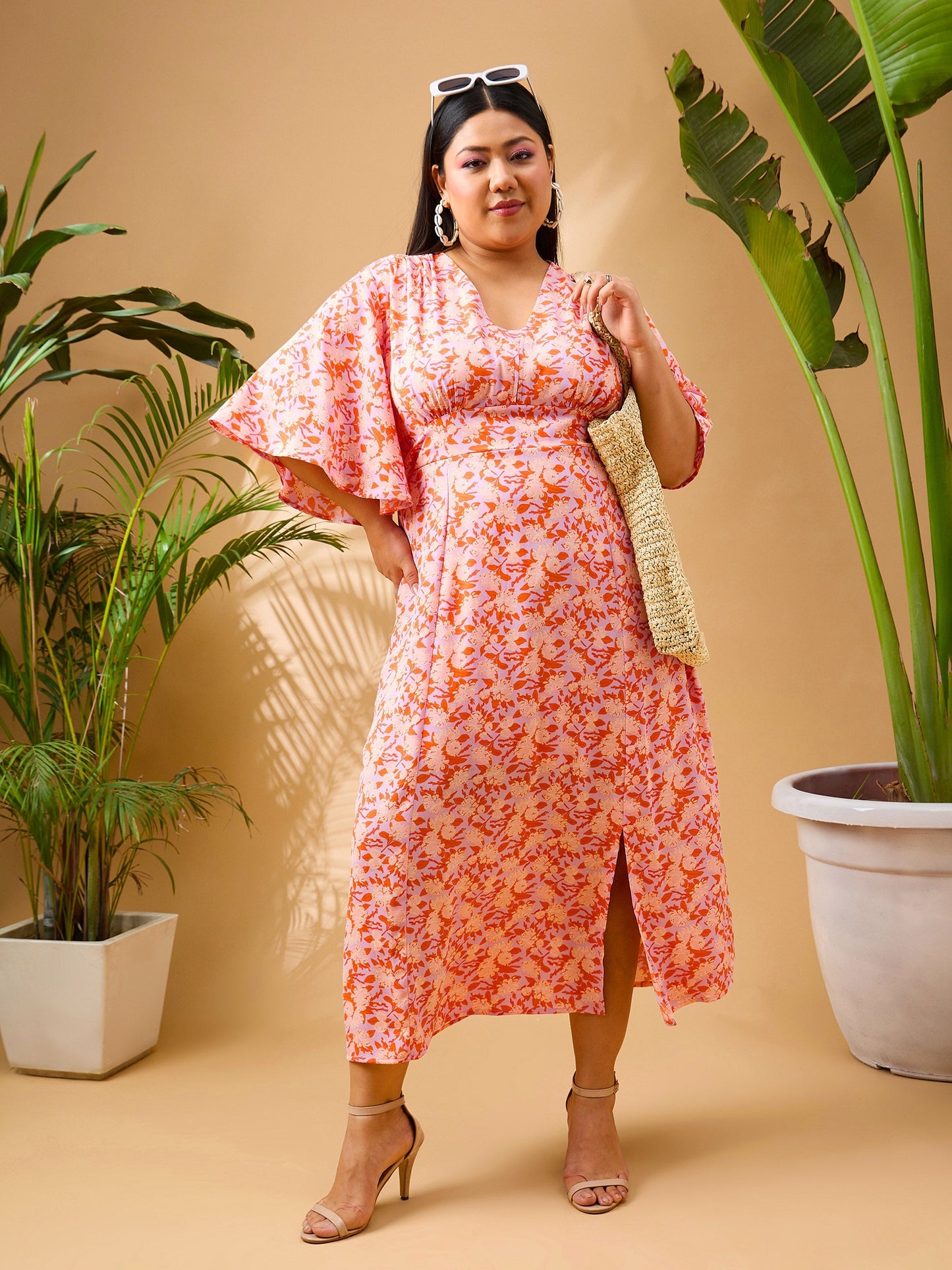 Orange Floral Front Slit Midi Dress