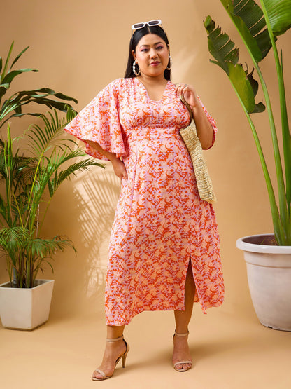 Orange Floral Front Slit Midi Dress