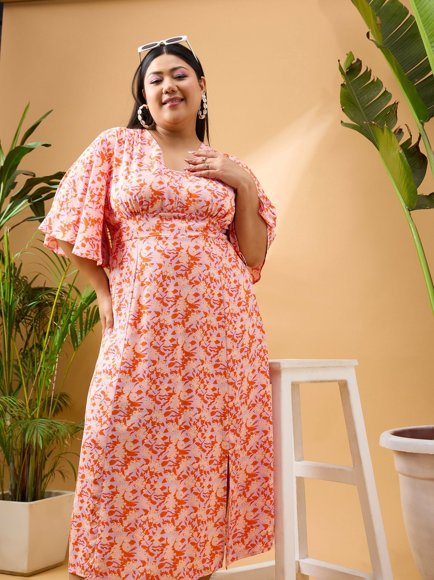 Orange Floral Front Slit Midi Dress