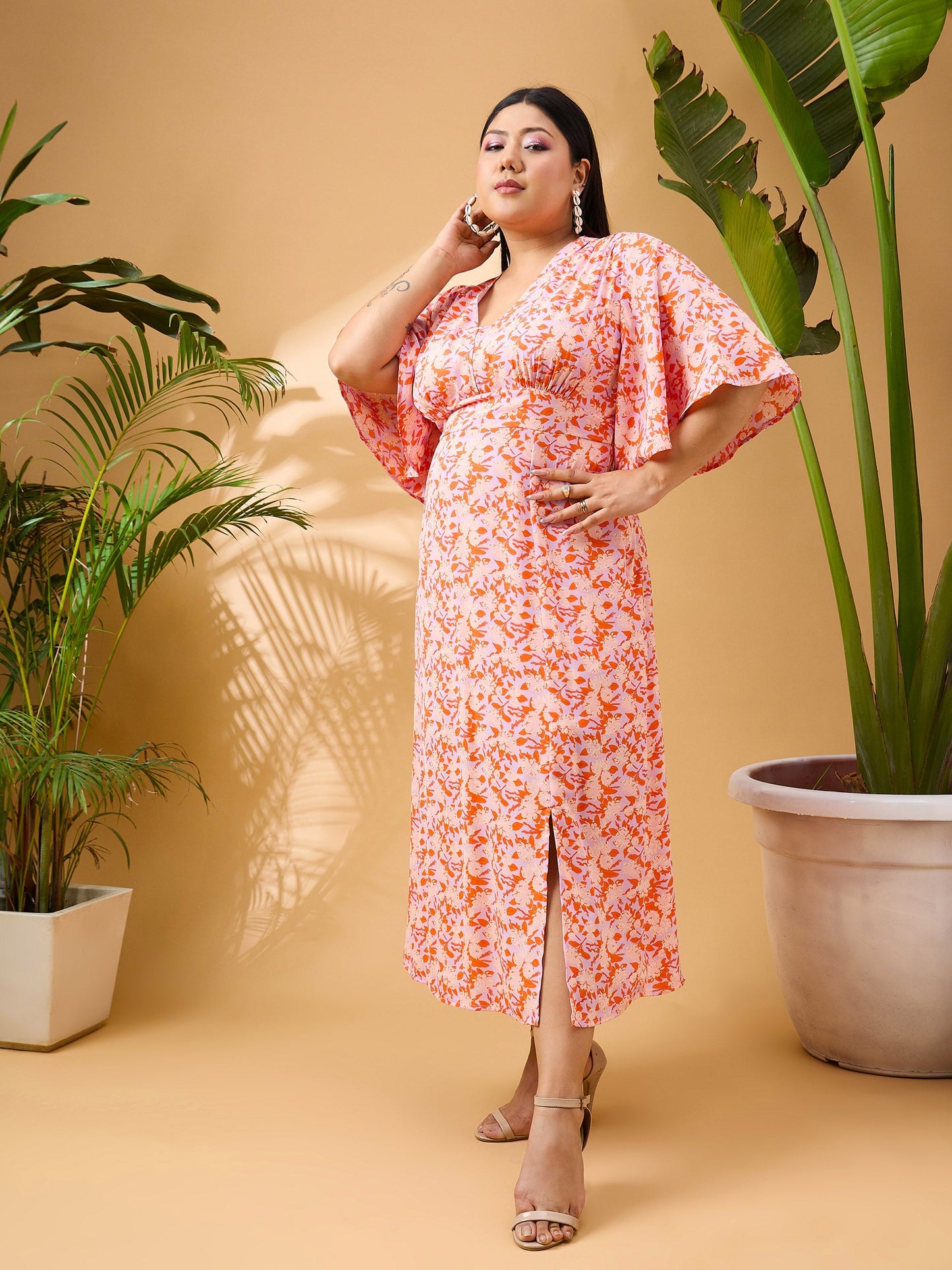 Orange Floral Front Slit Midi Dress