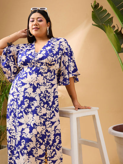 Plus size women's Blue Polyester Blue Floral Front Slit Midi Dress by Sassafras Curve for wholesale buyers, boutiques, resellers and bulk orders from