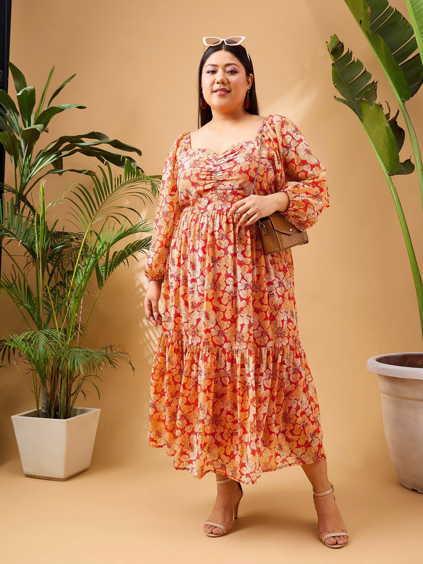 Red Tropical Hem Tiered Midi Dress