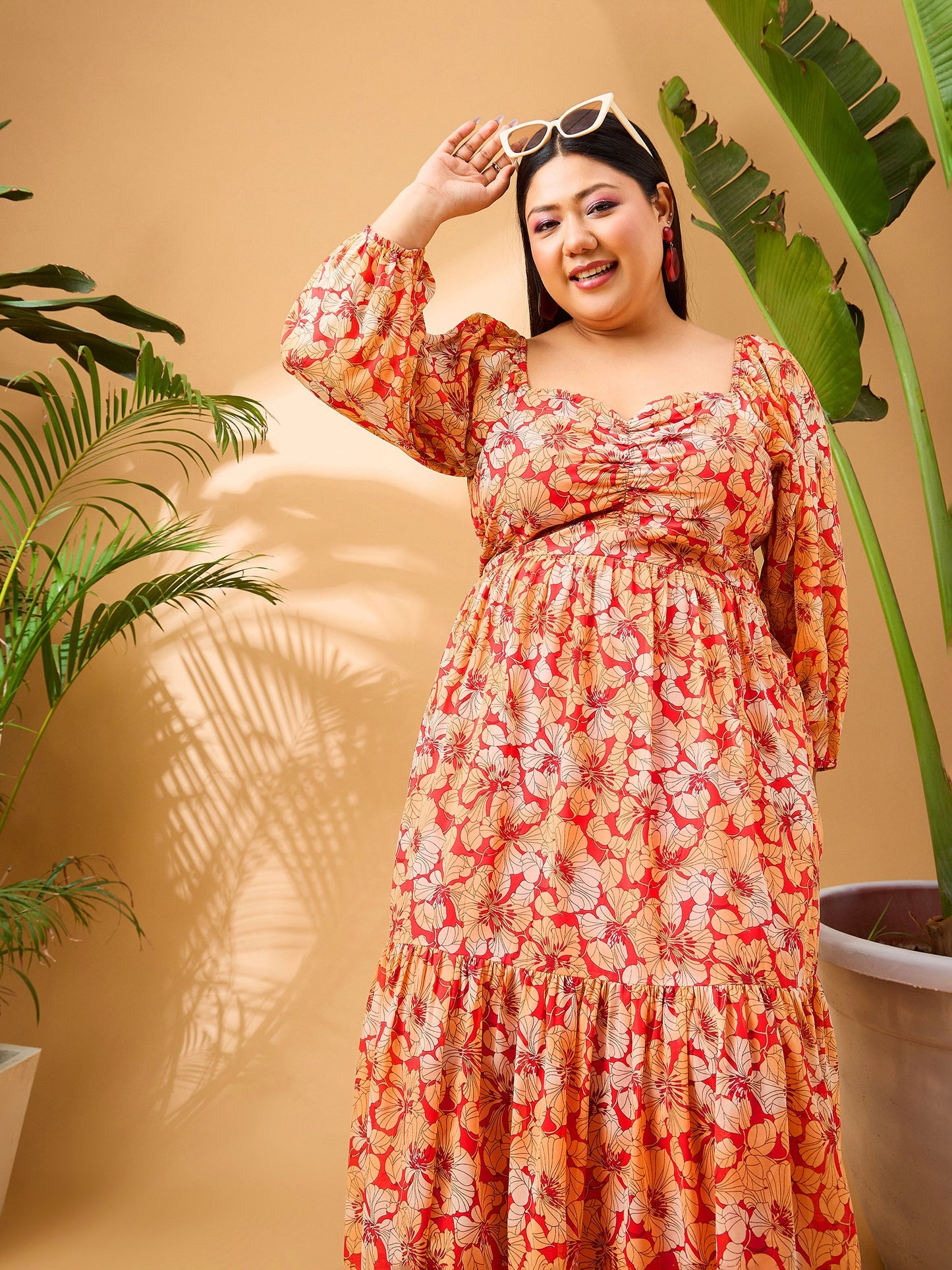 Red Tropical Hem Tiered Midi Dress