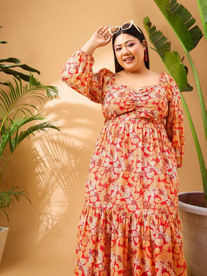 Red Tropical Hem Tiered Midi Dress