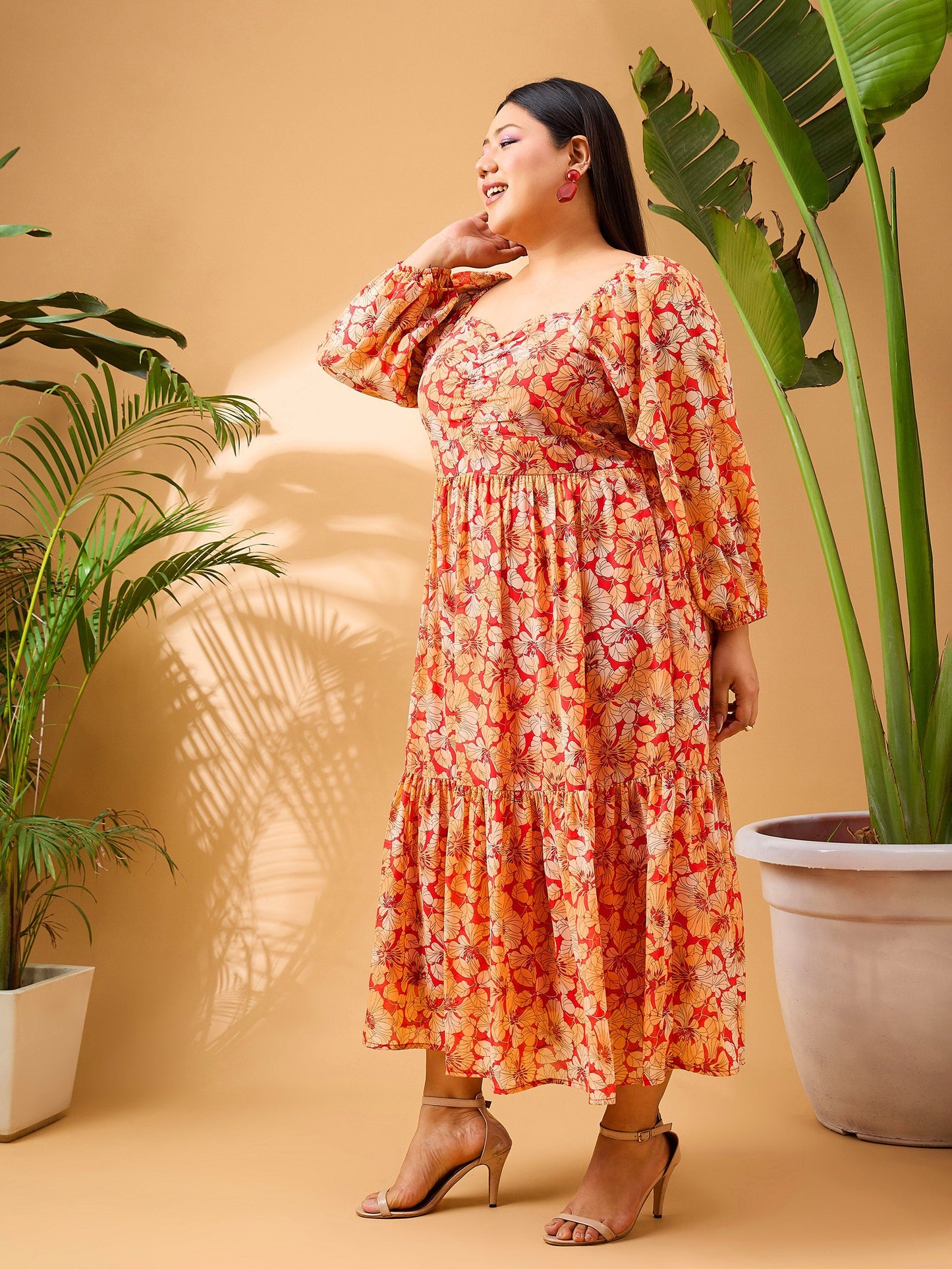 Red Tropical Hem Tiered Midi Dress