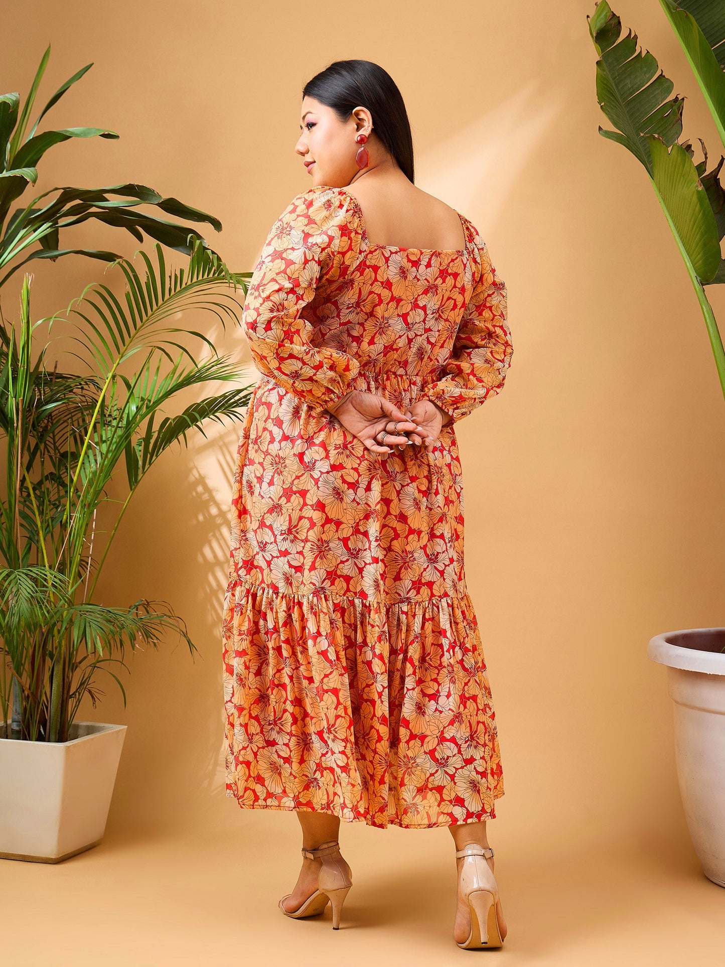Red Tropical Hem Tiered Midi Dress
