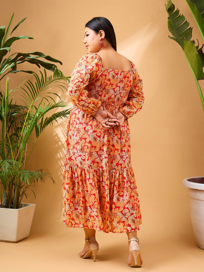 Red Tropical Hem Tiered Midi Dress