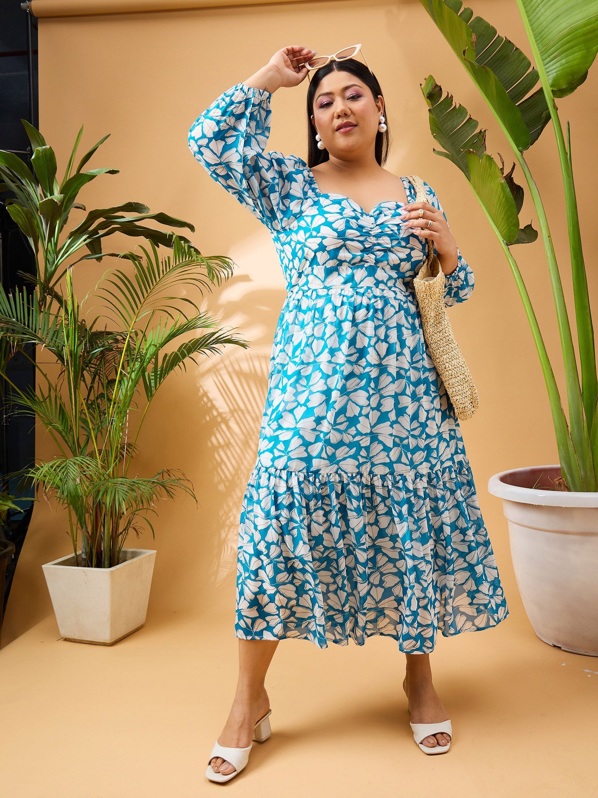 Plus size women's Blue Georgette Turquoise Tropical Hem Tiered Midi Dress by Sassafras Curve for wholesale buyers, boutiques, resellers and bulk