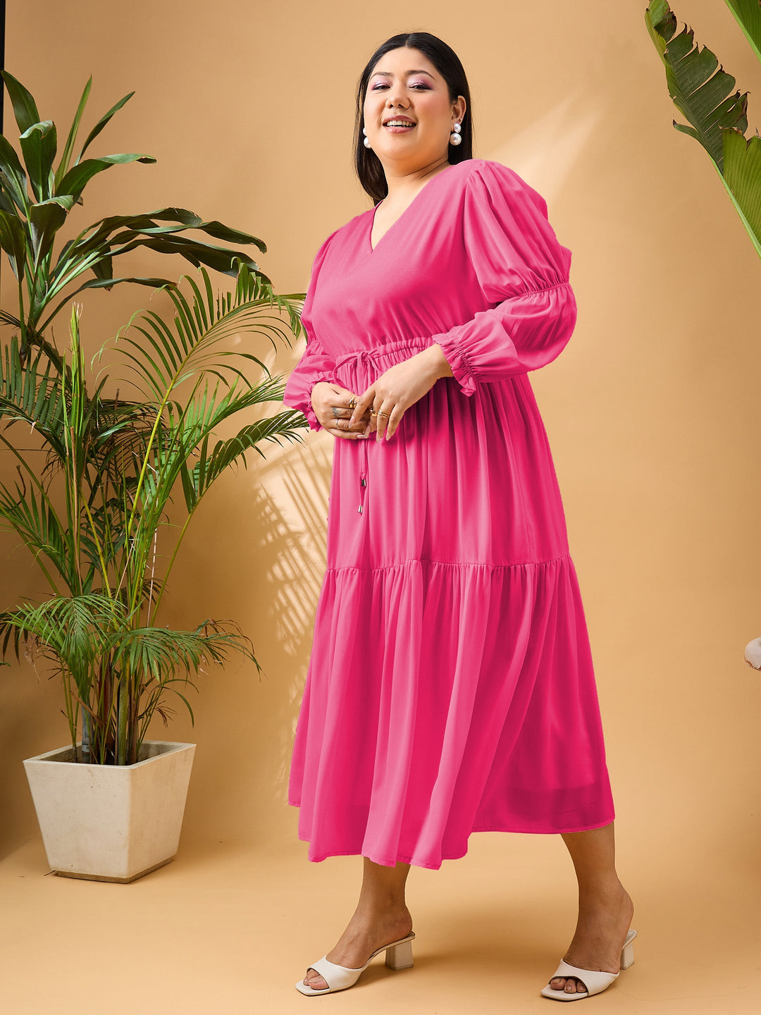 Fuchsia Solid Front Dori Tiered Midi Dress-SASSAFRAS Curve