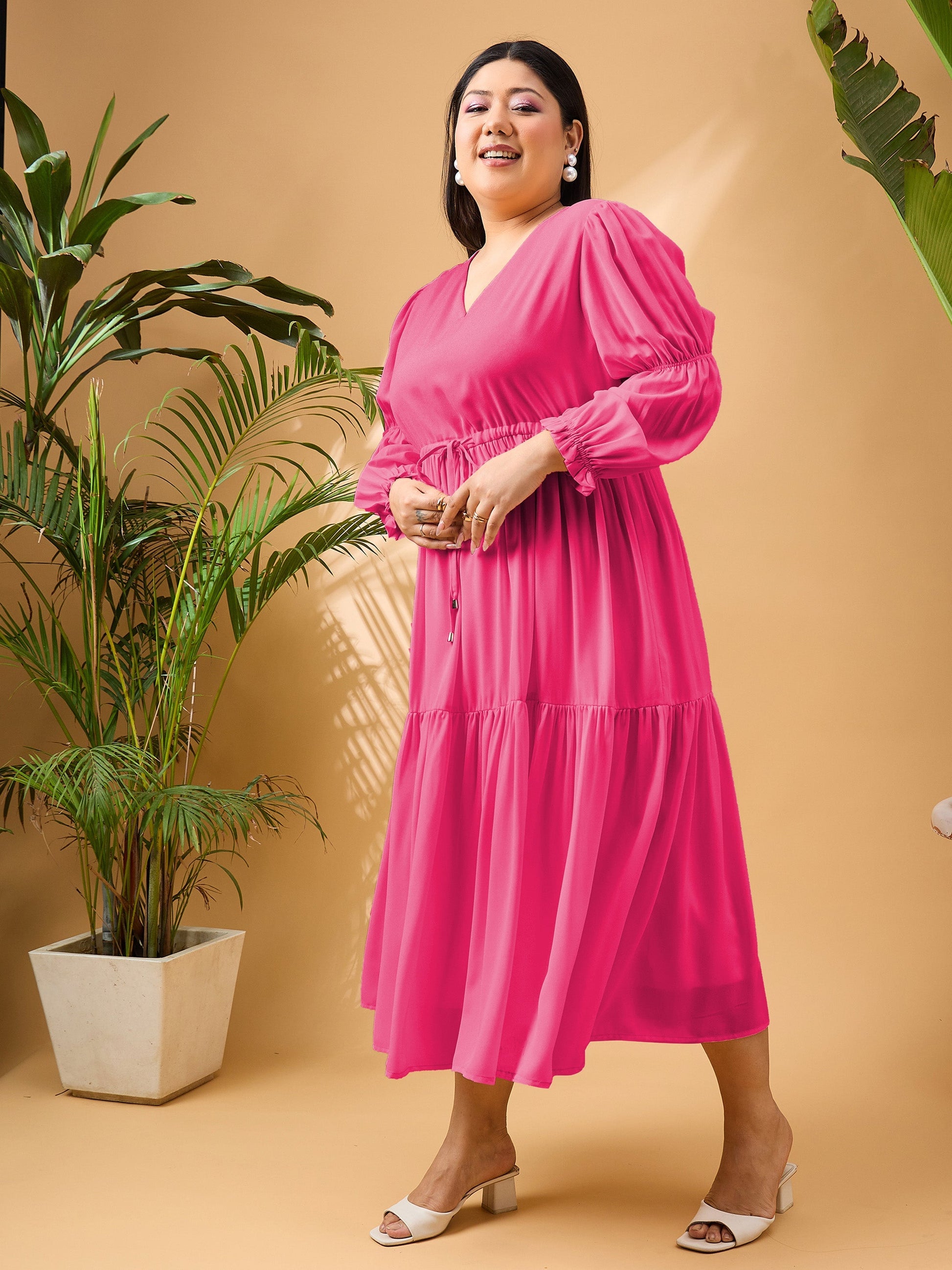 Fuchsia Solid Front Dori Tiered Midi Dress-SASSAFRAS Curve