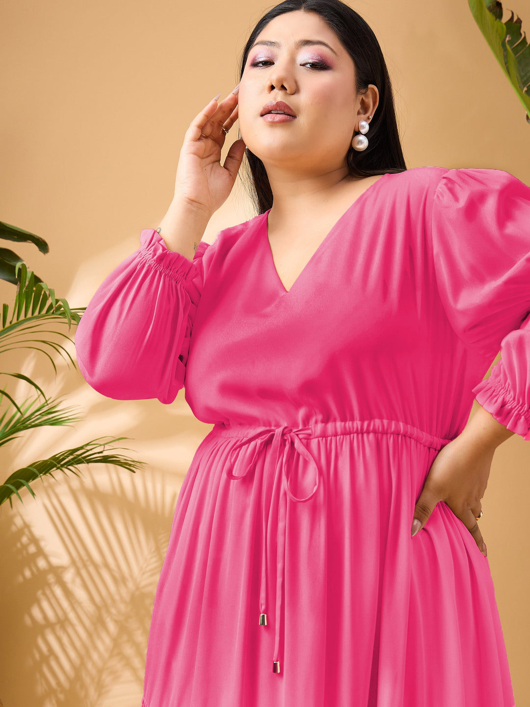 Fuchsia Solid Front Dori Tiered Midi Dress-SASSAFRAS Curve