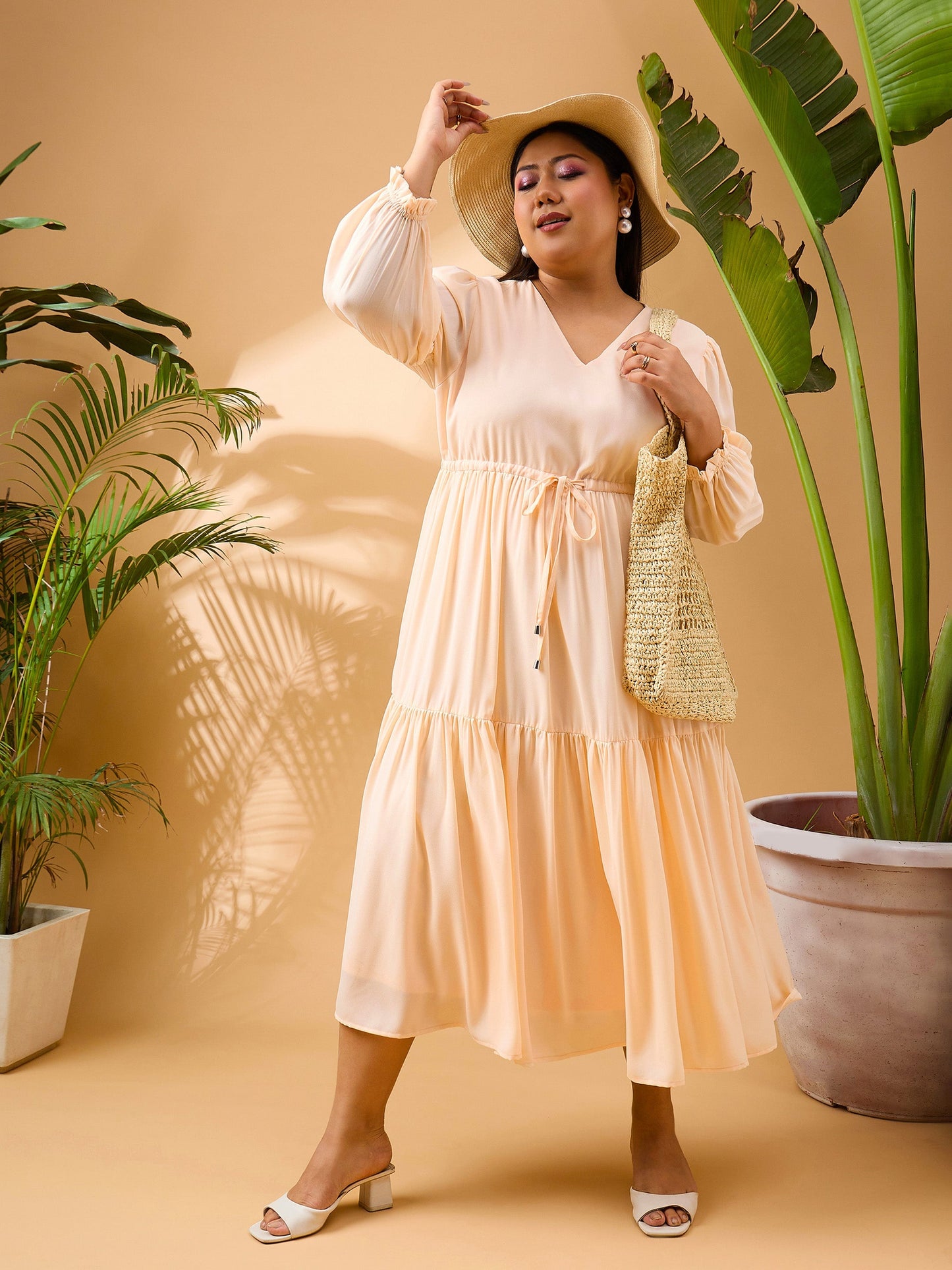 Peach Solid Front Dori Tiered Midi Dress