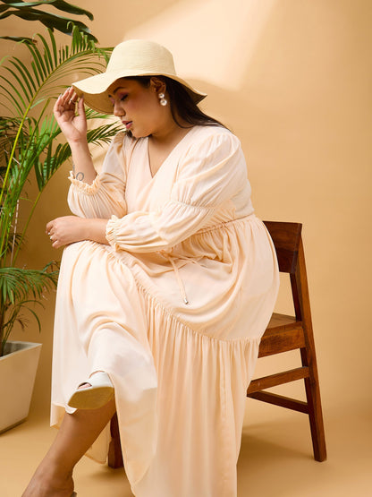 Peach Solid Front Dori Tiered Midi Dress