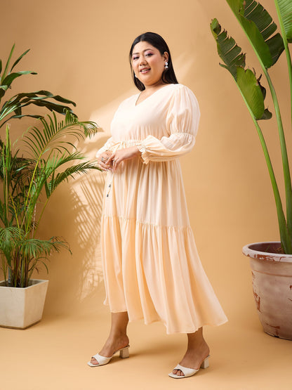Peach Solid Front Dori Tiered Midi Dress