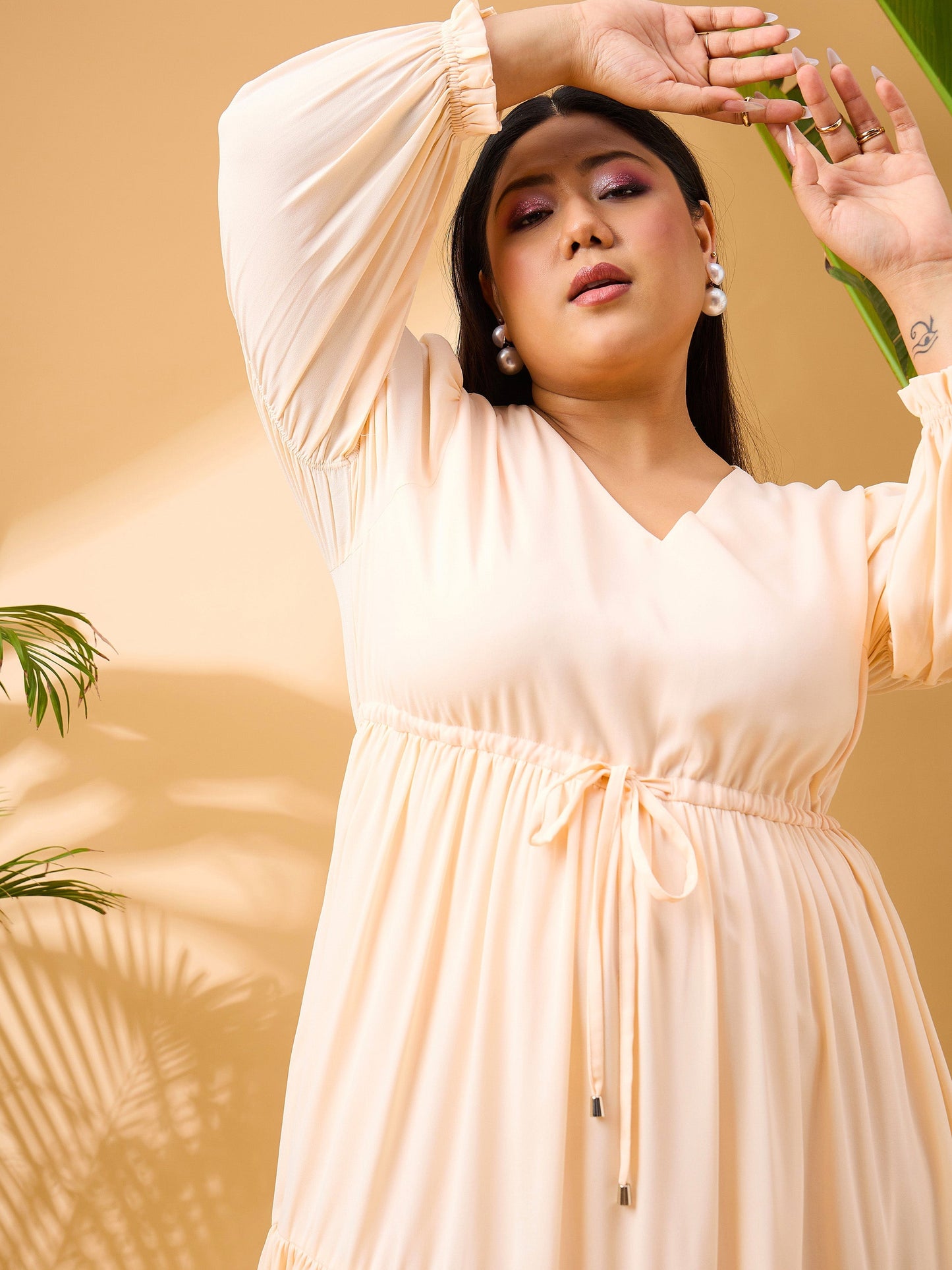 Peach Solid Front Dori Tiered Midi Dress
