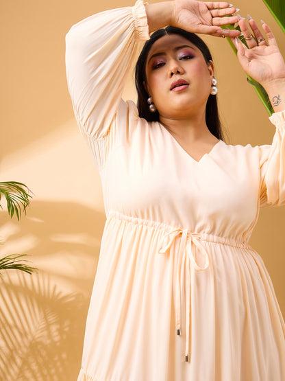 Peach Solid Front Dori Tiered Midi Dress
