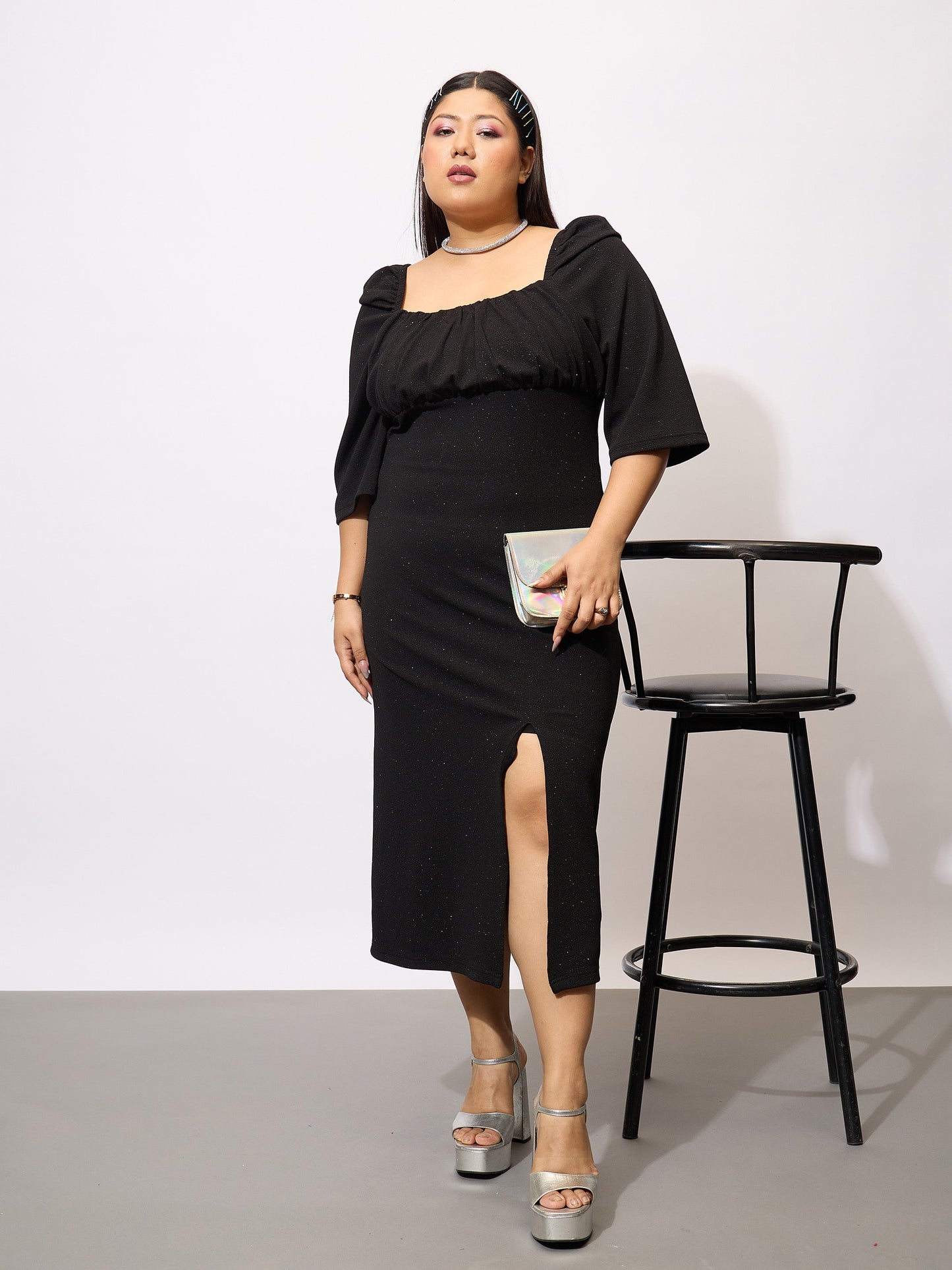 Black Glitter Bust Ruched Bodycon Dress