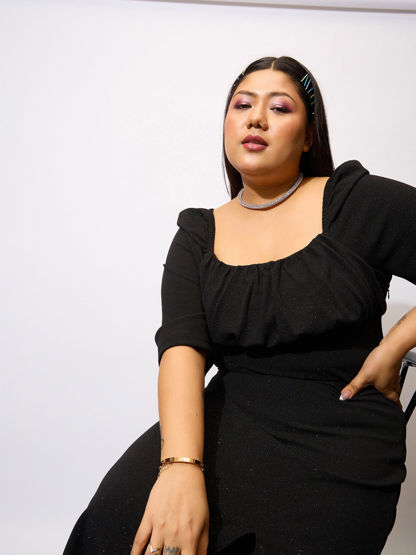 Black Glitter Bust Ruched Bodycon Dress