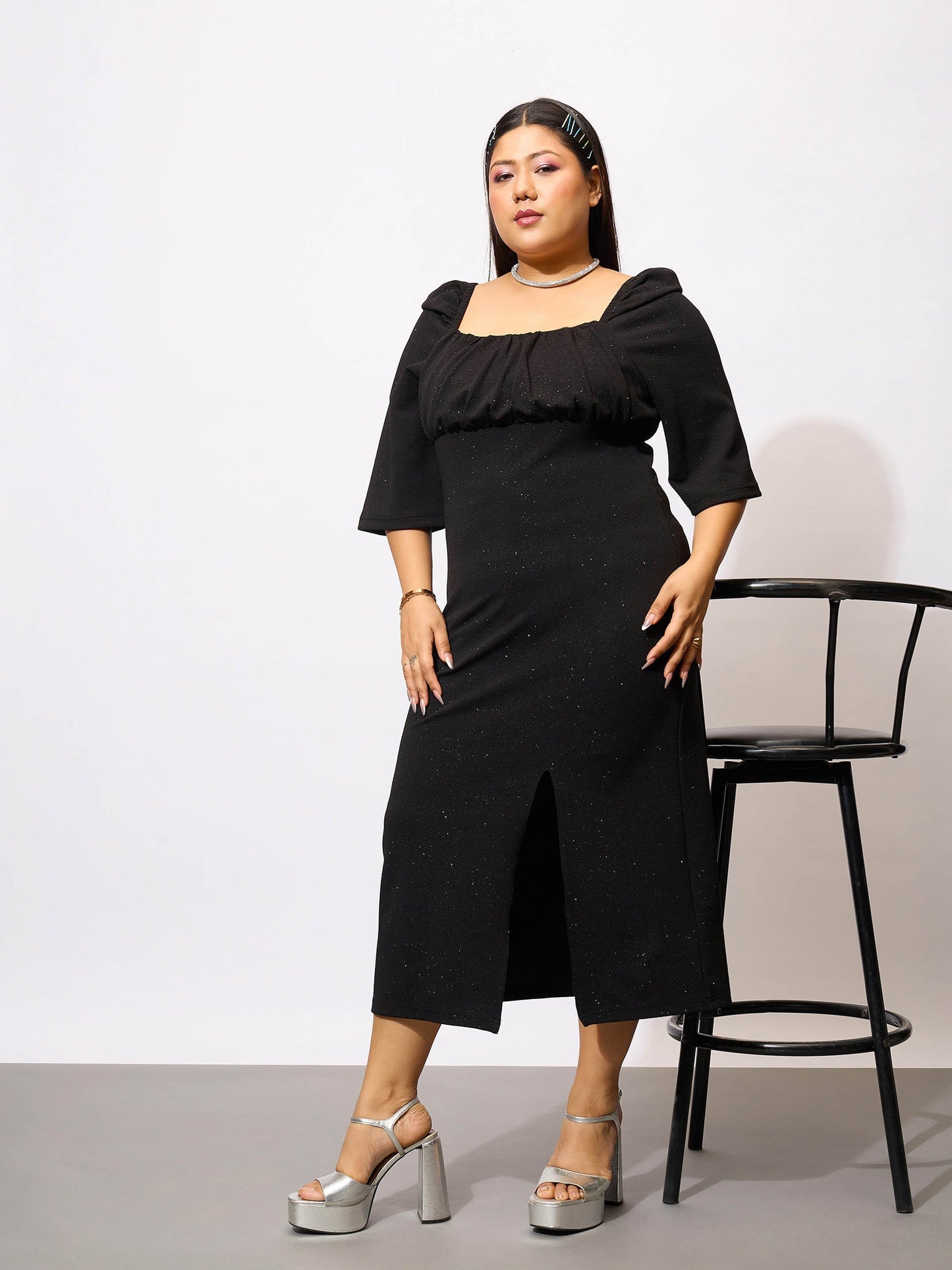 Black Glitter Bust Ruched Bodycon Dress