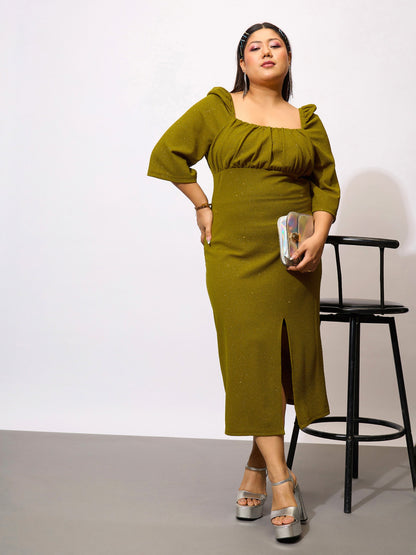 Olive Glitter Bust Ruched Bodycon Dress