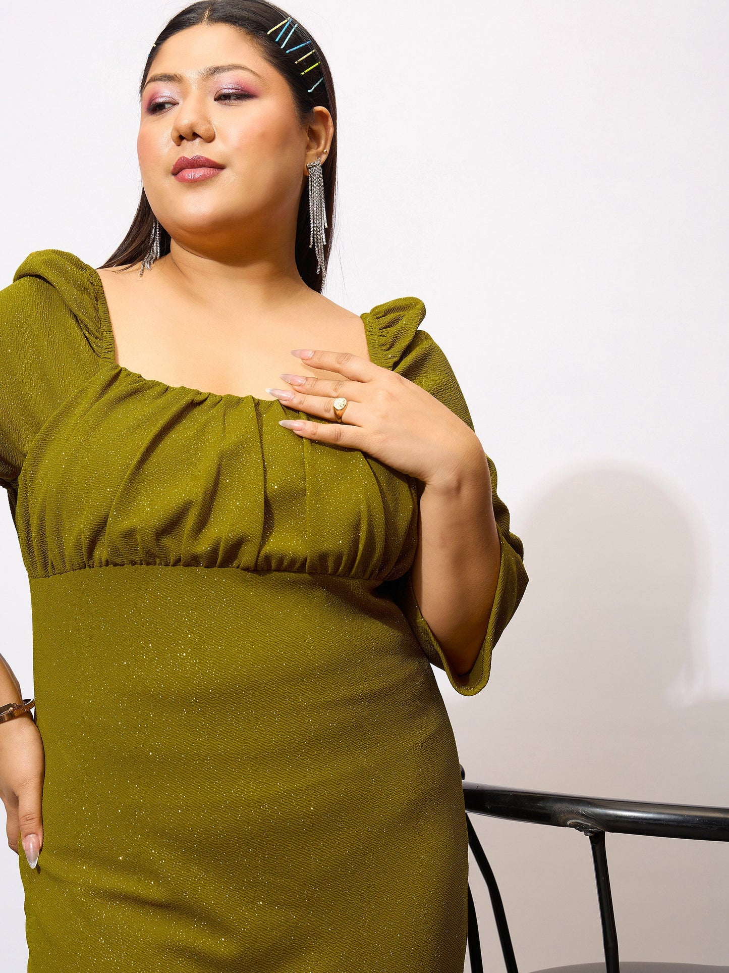 Olive Glitter Bust Ruched Bodycon Dress
