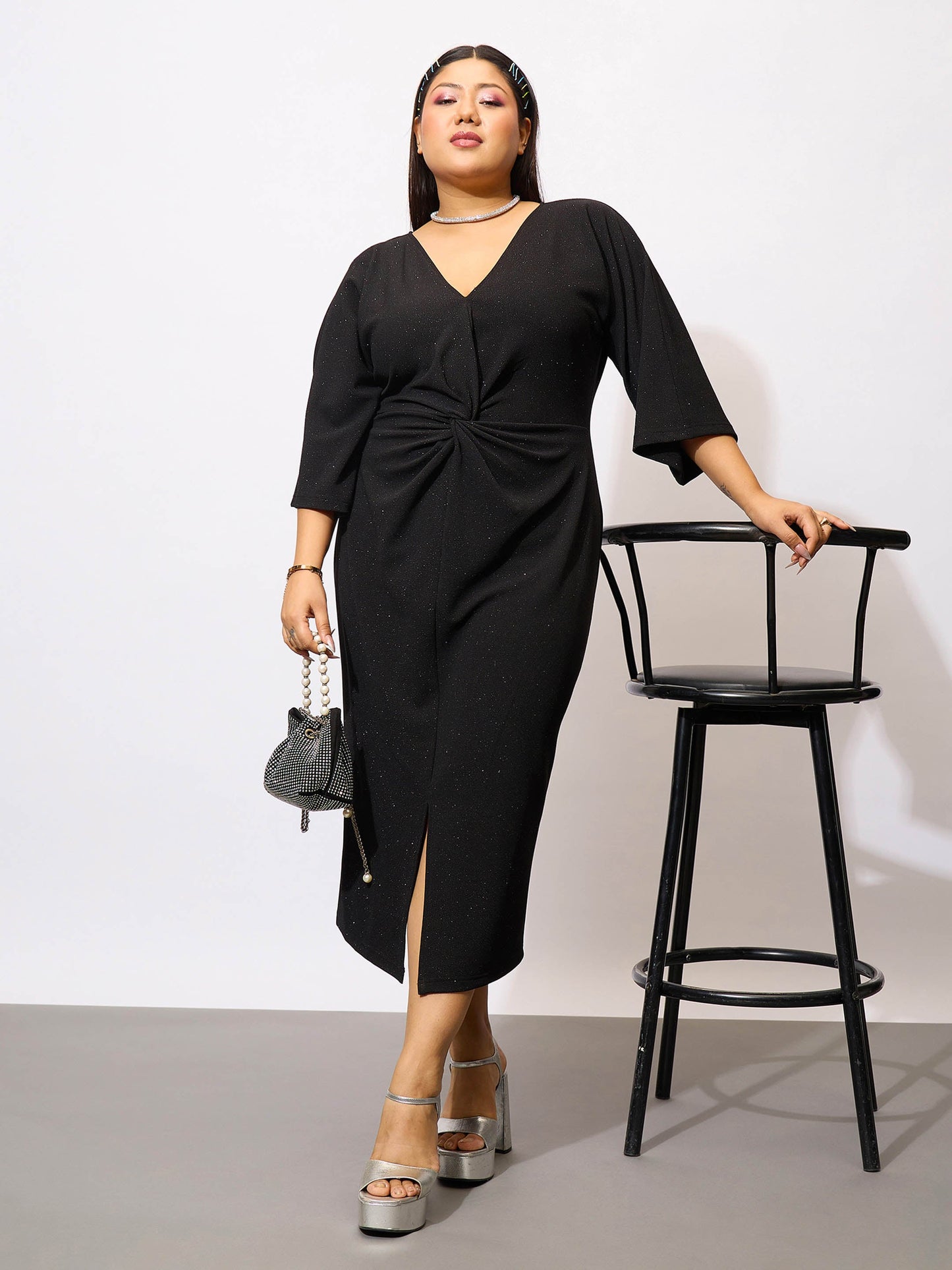 Plus size women's Black Karera Crepe Black Glitter Mock Knot Bodycon Dress by Sassafras Curve for wholesale buyers, boutiques, resellers and bulk