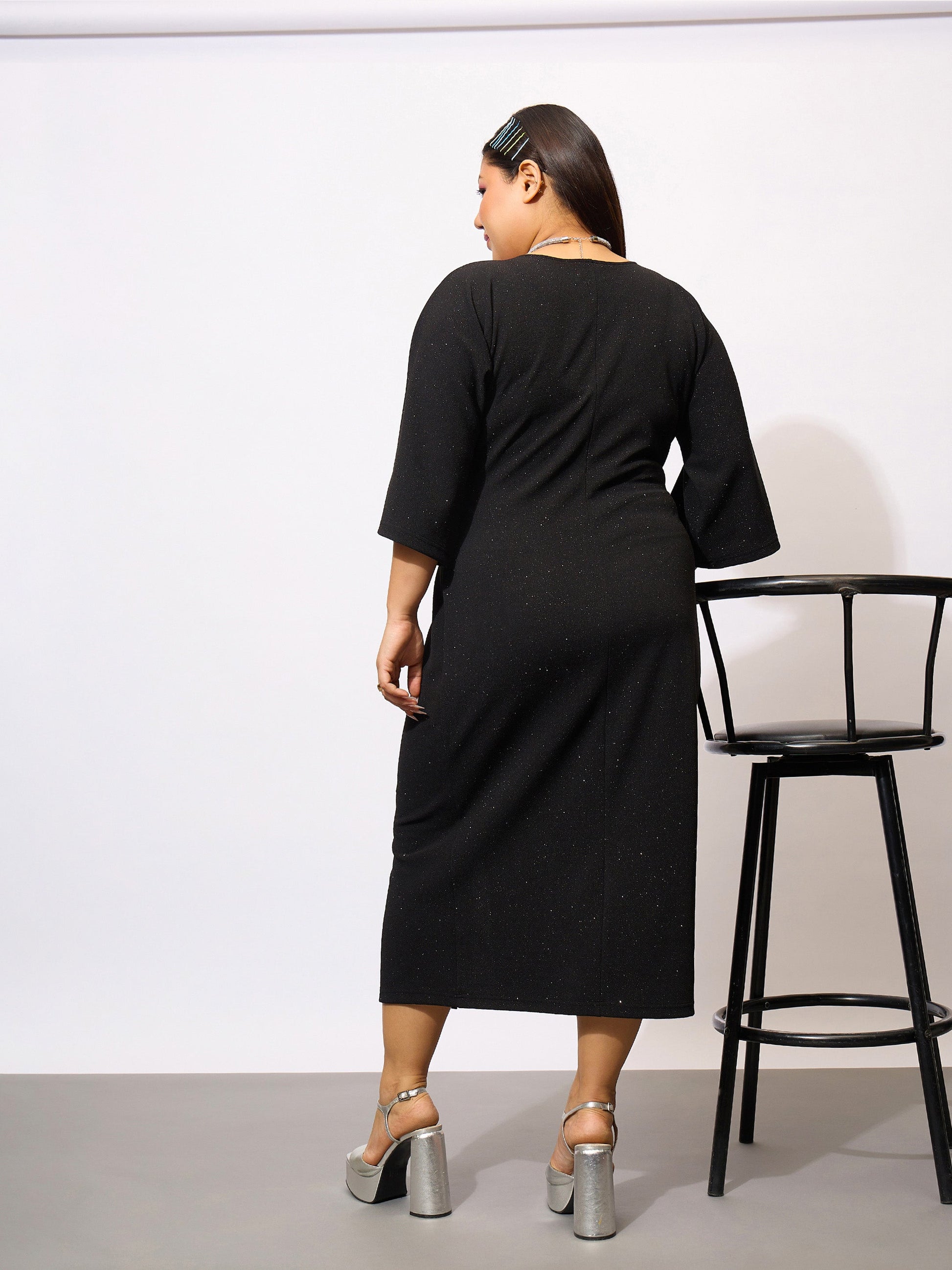 Black Glitter Mock Knot Bodycon Dress-SASSAFRAS Curve