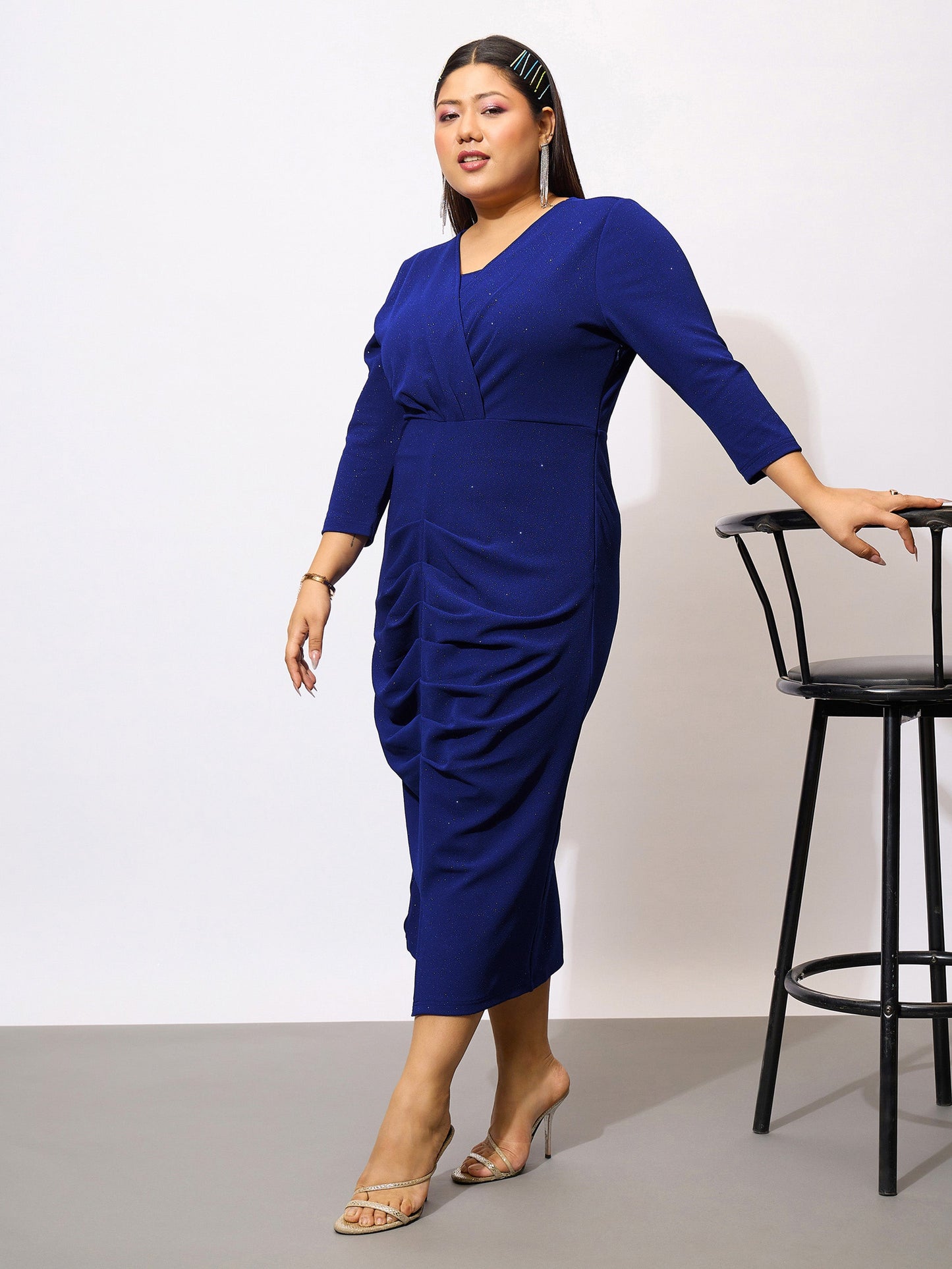 Royal Blue Glitter Front Ruched Bodycon Dress