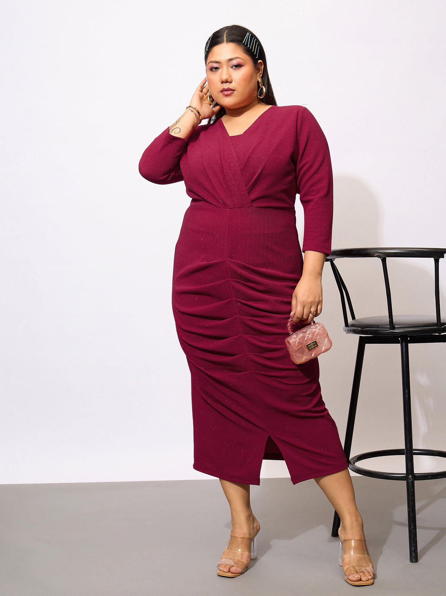 Maroon Glitter Front Ruched Bodycon Dress