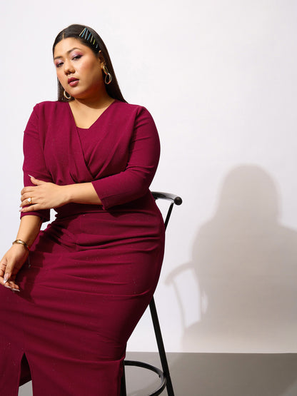 Maroon Glitter Front Ruched Bodycon Dress