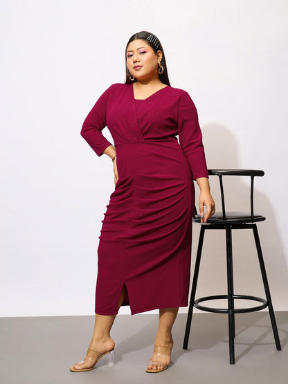 Maroon Glitter Front Ruched Bodycon Dress