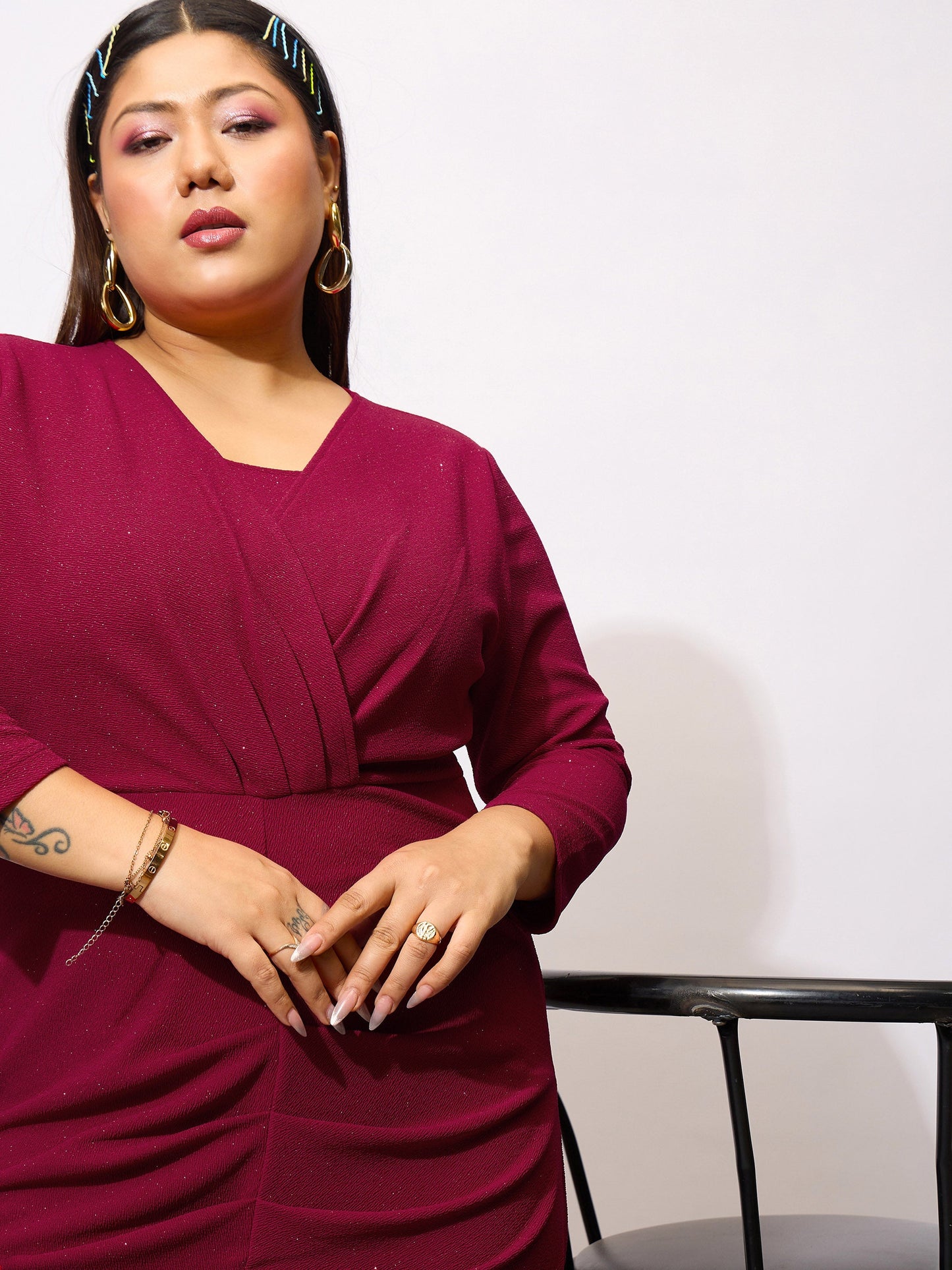 Maroon Glitter Front Ruched Bodycon Dress