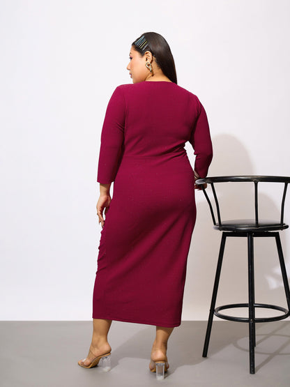 Maroon Glitter Front Ruched Bodycon Dress