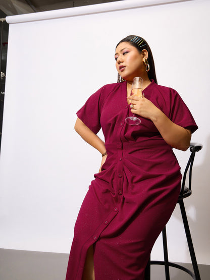 Maroon Glitter Front Button Bodycon Dress