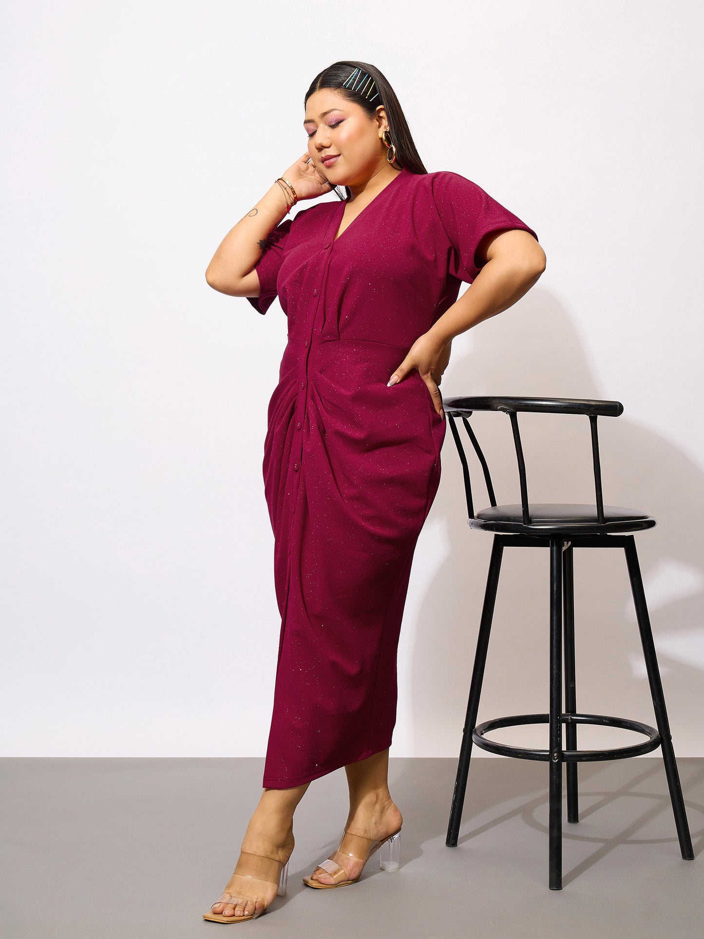 Maroon Glitter Front Button Bodycon Dress
