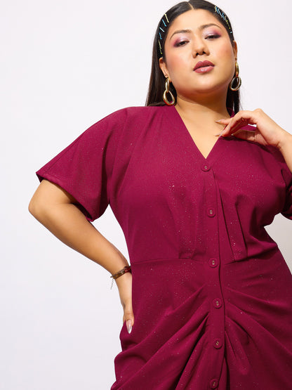 Maroon Glitter Front Button Bodycon Dress