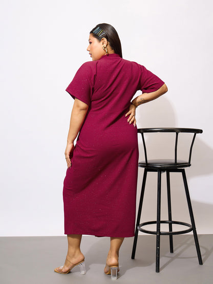 Maroon Glitter Front Button Bodycon Dress