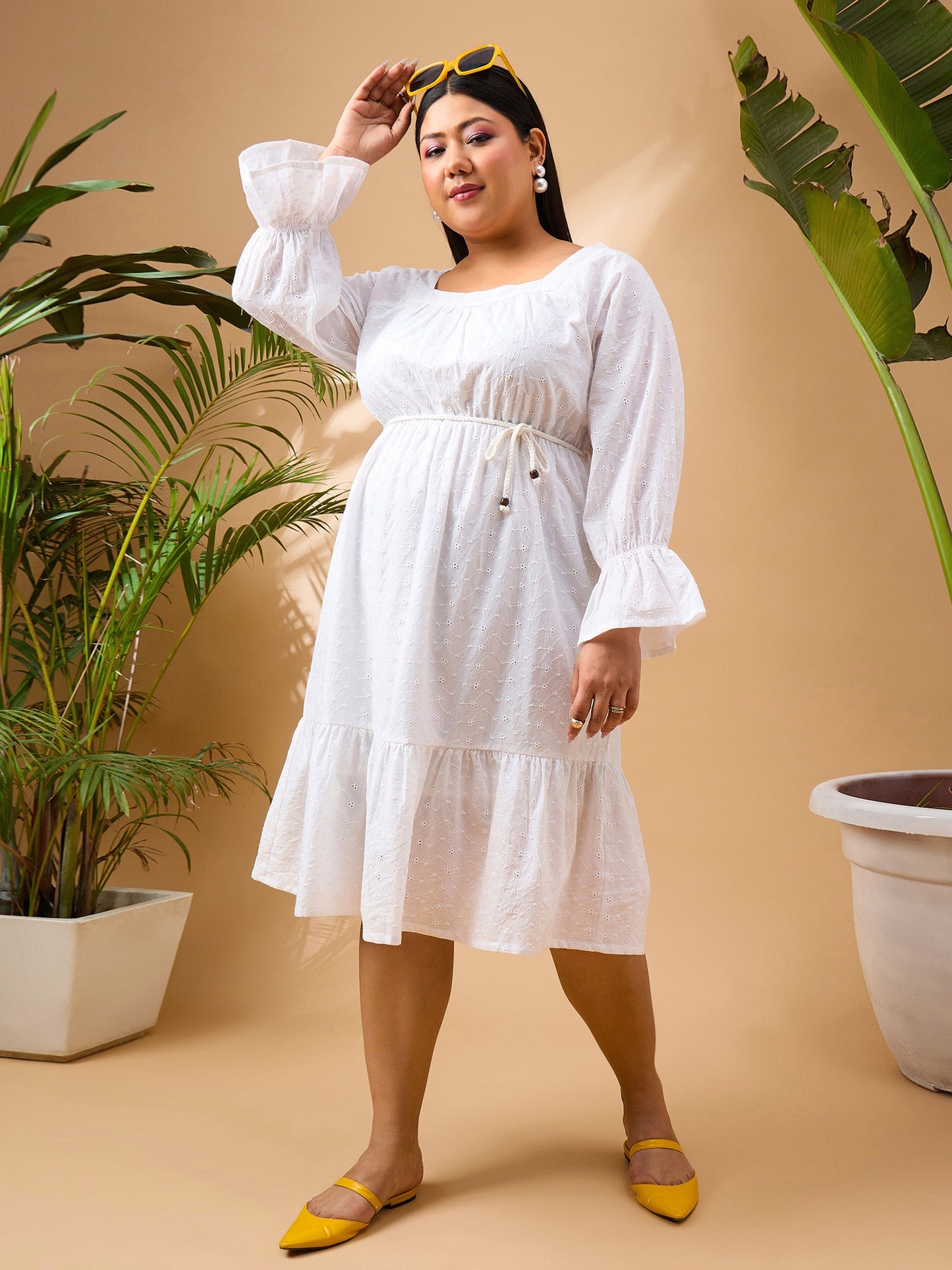 Plus size women's White 100% Cotton White Schiffli Belt Skater Dress by Sassafras Curve for wholesale buyers, boutiques, resellers and bulk orders