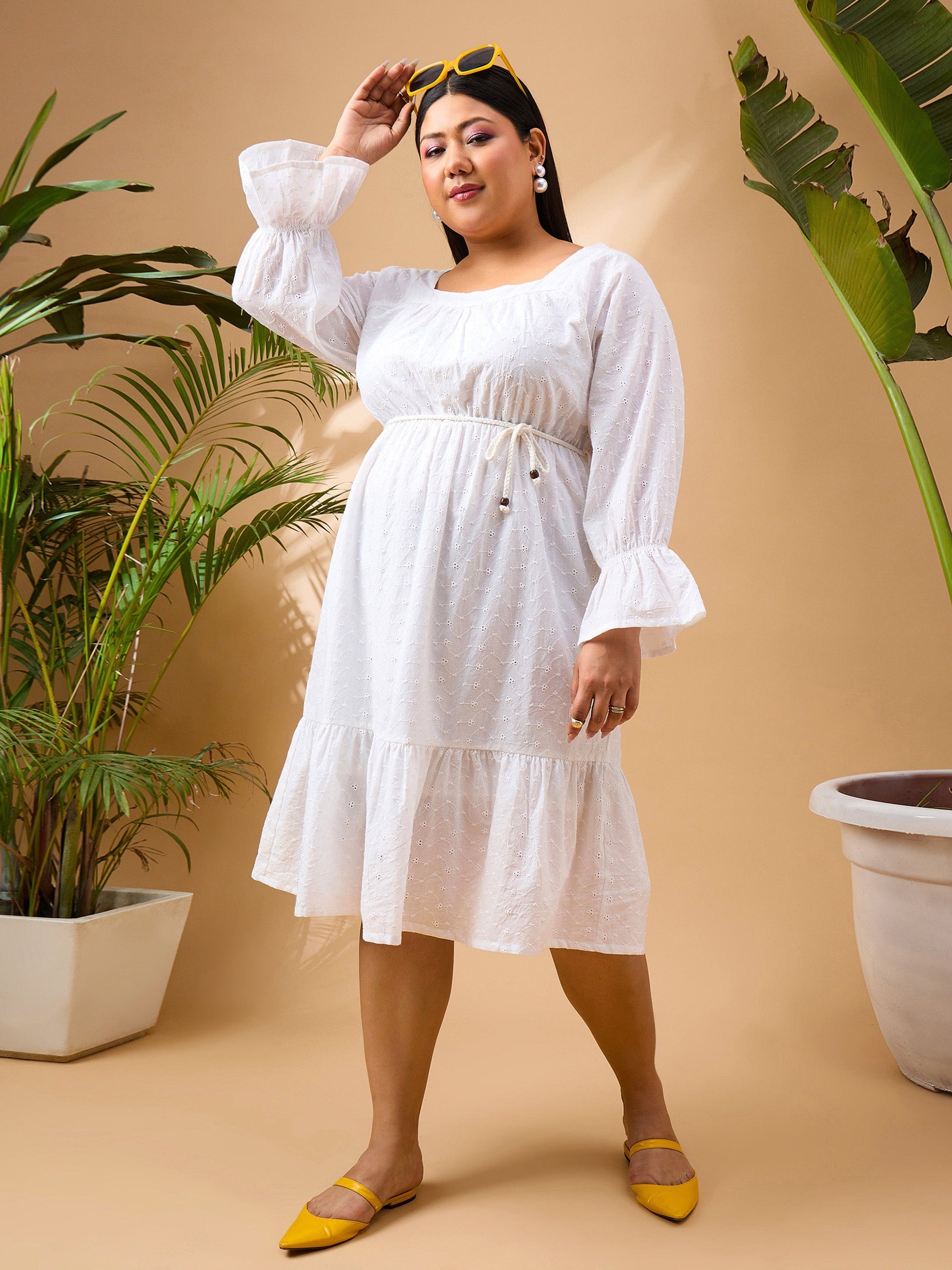 Plus size women's White 100% Cotton White Schiffli Belt Skater Dress by Sassafras Curve for wholesale buyers, boutiques, resellers and bulk orders