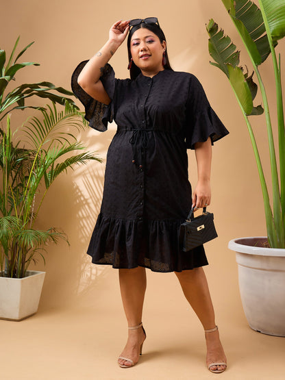 Black Schiffli Frill Sleeve & Hem Short Dress
